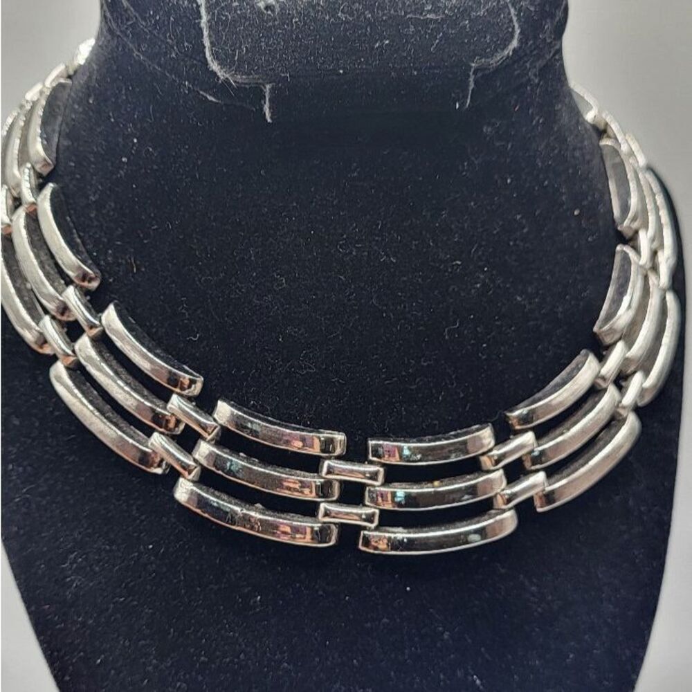 Mid Century Modern Choker Silver tone Retro Brutalist Lagenlook Artsy Vntg 15.5"